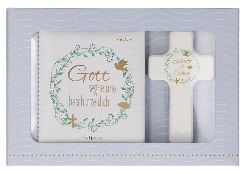 Butzon & Bercker Geschenkset zur Taufe 15 x 22 x 2 cm – Holzkreuz aus Buchenholz weiß lackiert mit Taufspruch, gebundenes Buch 11 x 11 cm, Lieferung in Geschenkverpackung
