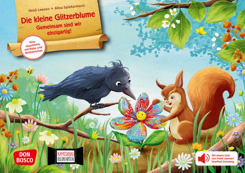 Die kleine Glitzerblume. Gemeinsam sind wir einzigartig! Eine Geschichte mit Rabe und Eichhörnchen. Kamishibai Bildkartenset