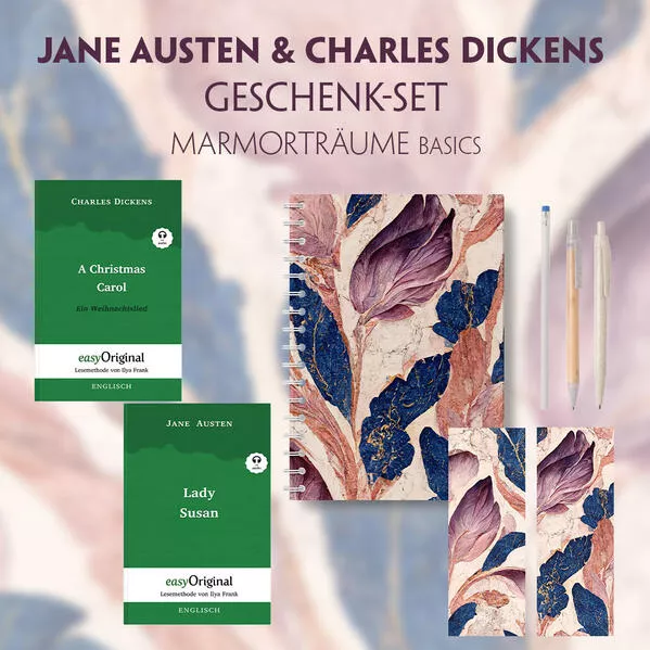 Cover: Jane Austen & Charles Dickens Geschenkset - 2 Bücher (Hardcover+ Audio-Online) + Marmorträume Schreibset Basics
