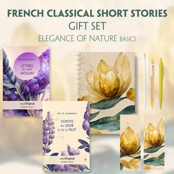 Cover: French Classical Short Stories (with audio-online) Readable Classics Geschenkset + Eleganz der Natur Schreibset Basics