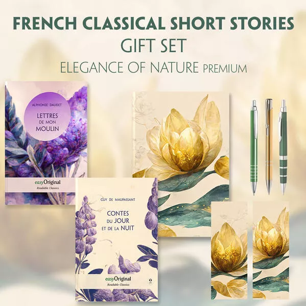 Cover: French Classical Short Stories (with audio-online) Readable Classics Geschenkset + Eleganz der Natur Schreibset Premium