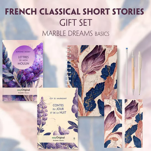 Cover: French Classical Short Stories (with audio-online) Readable Classics Geschenkset + Marmorträume Schreibset Basics