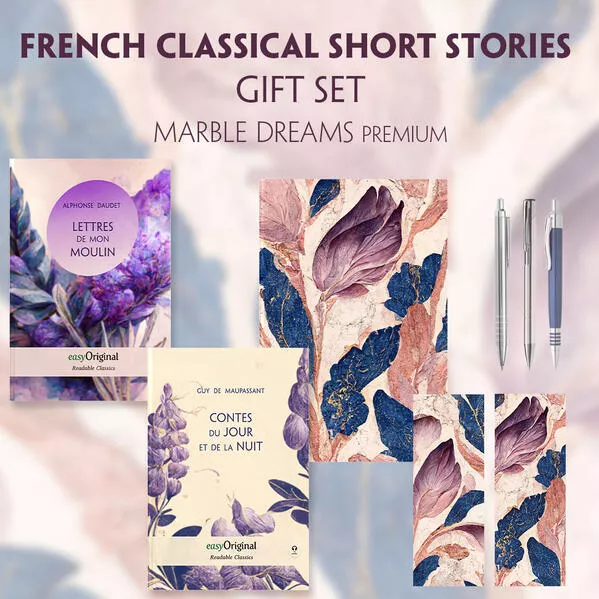 Cover: French Classical Short Stories (with audio-online) Readable Classics Geschenkset + Marmorträume Schreibset Premium